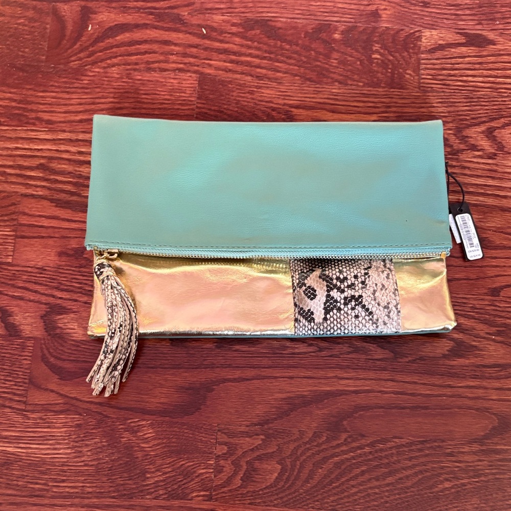 2B Bebe Teal and Gold Clutch with Snakeskin Accent
